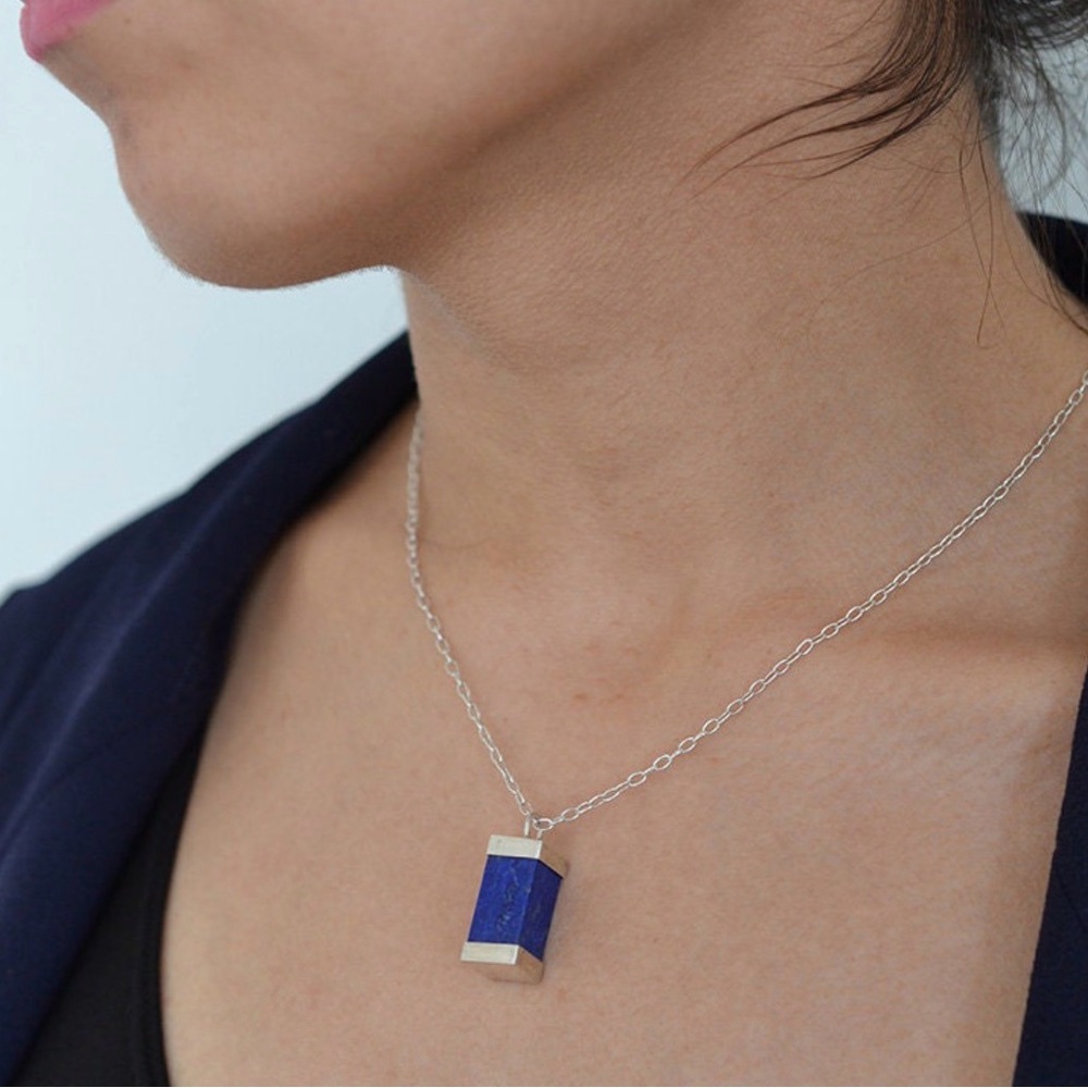 Lapis Lazuli Pendant – Sterling Silver – Deep Blue Rectangle Cut